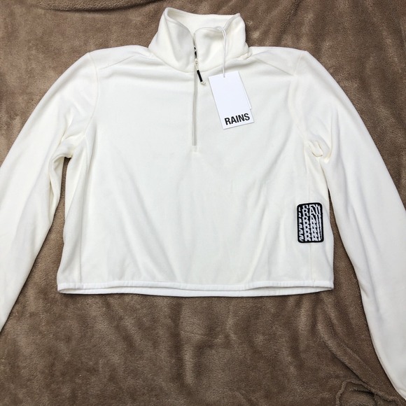 Rains Fleece Pullover Sweatshirt Large Half Zip Long Sleeve Logo Off White New - Picture 1 of 15